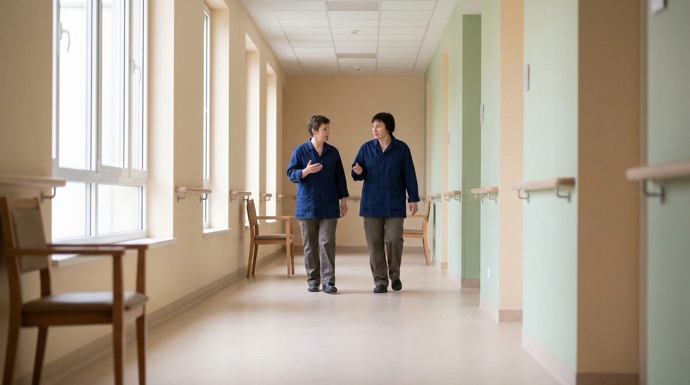 Eine Einrichtungsleitung geht mit einer Kollegin durch einen hellen Flur einer Pflegeeinrichtung und bespricht organisatorische Fragen.