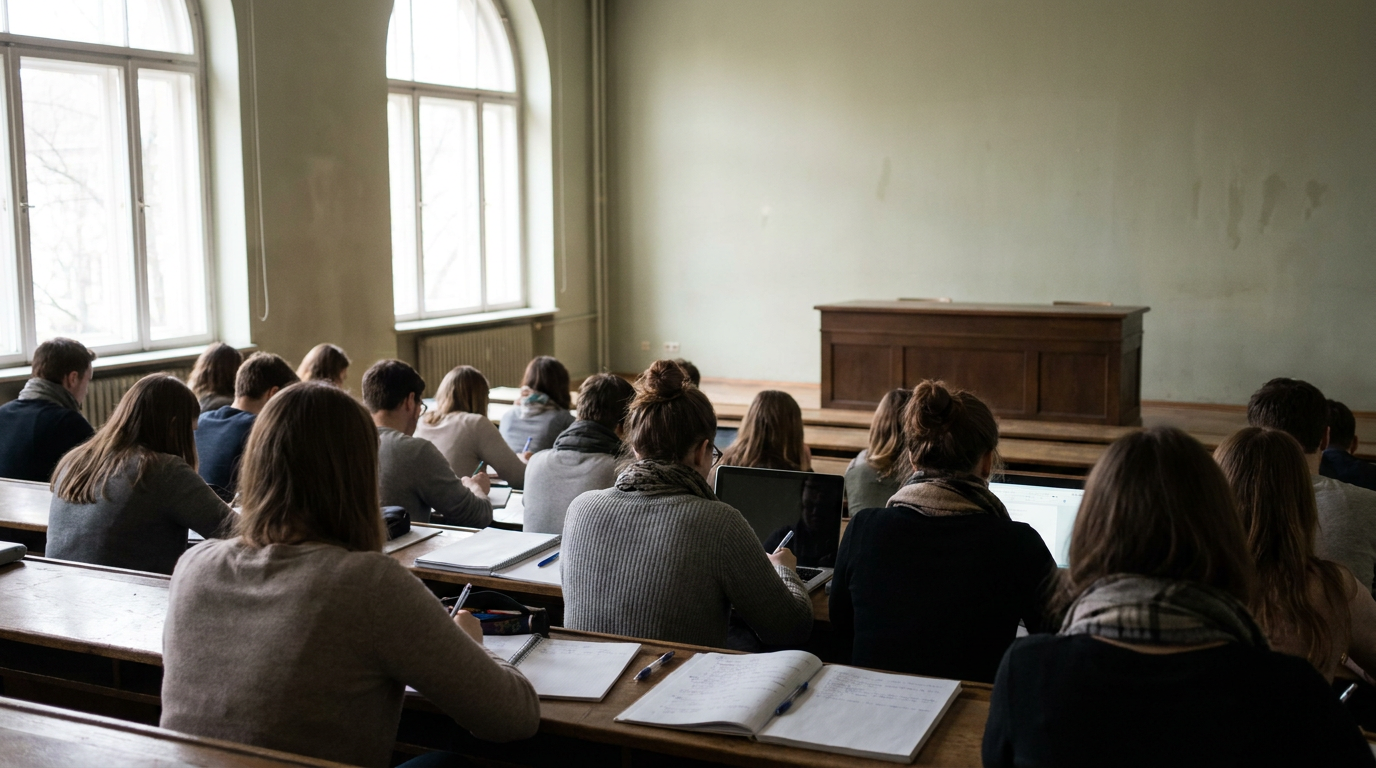 Studierende in einem hellen Hörsaal, von hinten aufgenommen