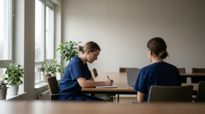 Zwei Pflegefachkräfte sitzen in einem ruhigen Seminarraum an einer Weiterbildung, eine Person schreibt mit, eine andere sitzt am Laptop.