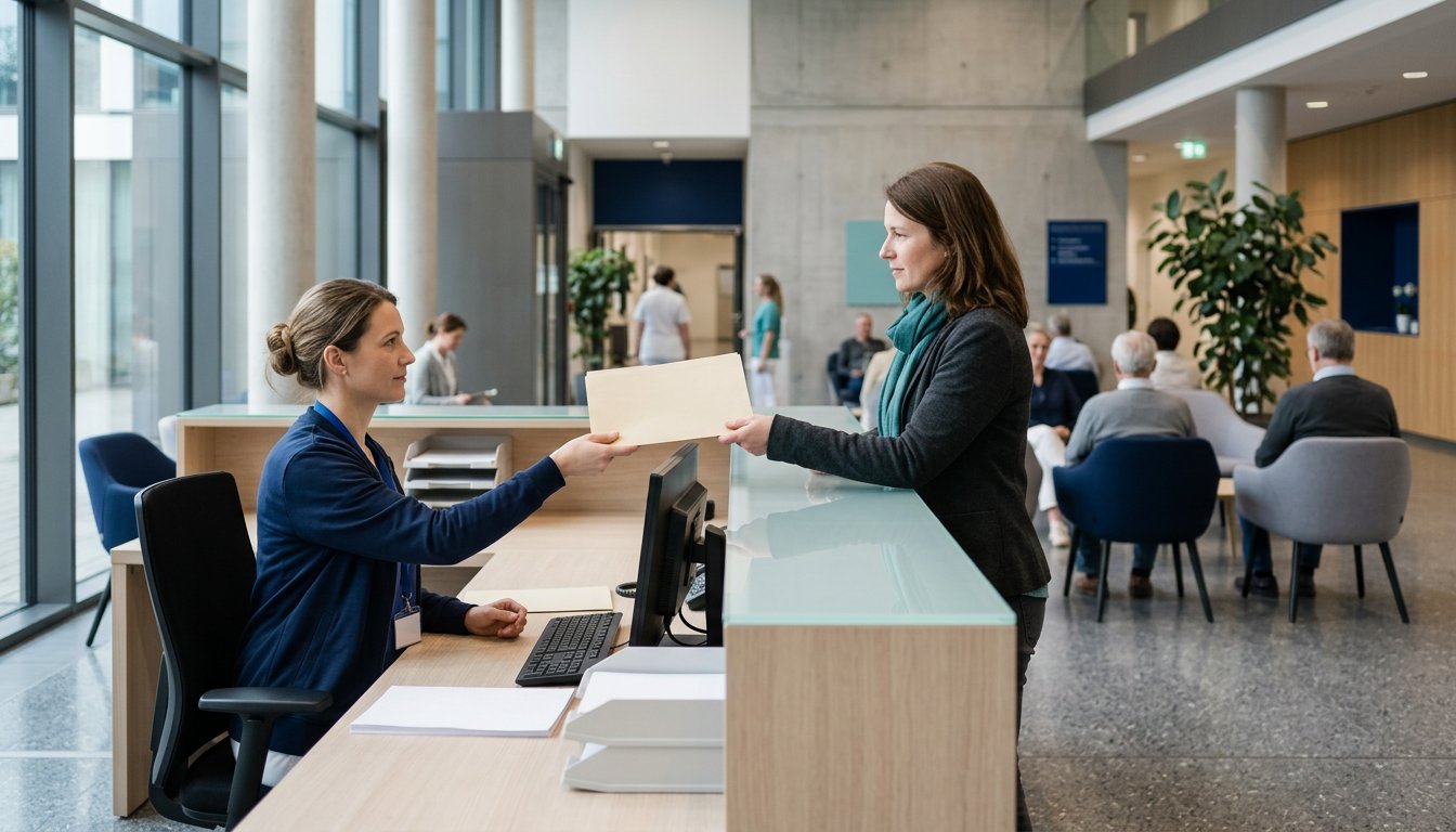 Patientenaufnahme in einer Klinik: Mitarbeiterin am Empfangstresen reicht eine Mappe weiter.