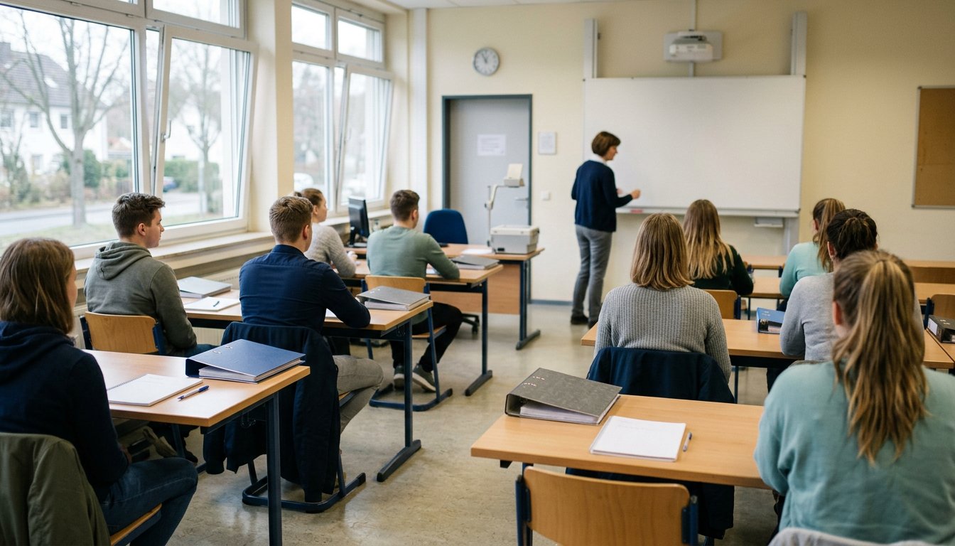 Auszubildende sitzen im Berufsschulunterricht vor Ordnern und Notizbüchern.