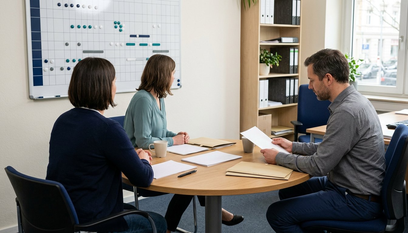 Besprechung im Büro eines Pflegedienstes vor einer Planungstafel mit farbigen Magneten.