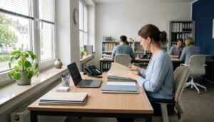Mitarbeiterin im Büro eines ambulanten Pflegedienstes sortiert Akten am Schreibtisch.