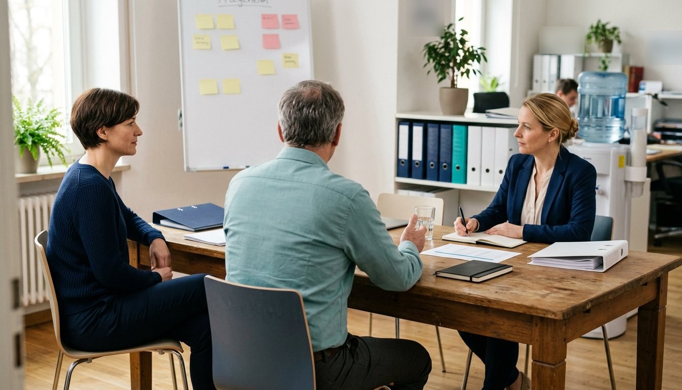 Leitungsbesprechung am Konferenztisch in der Verwaltung einer Pflegeeinrichtung