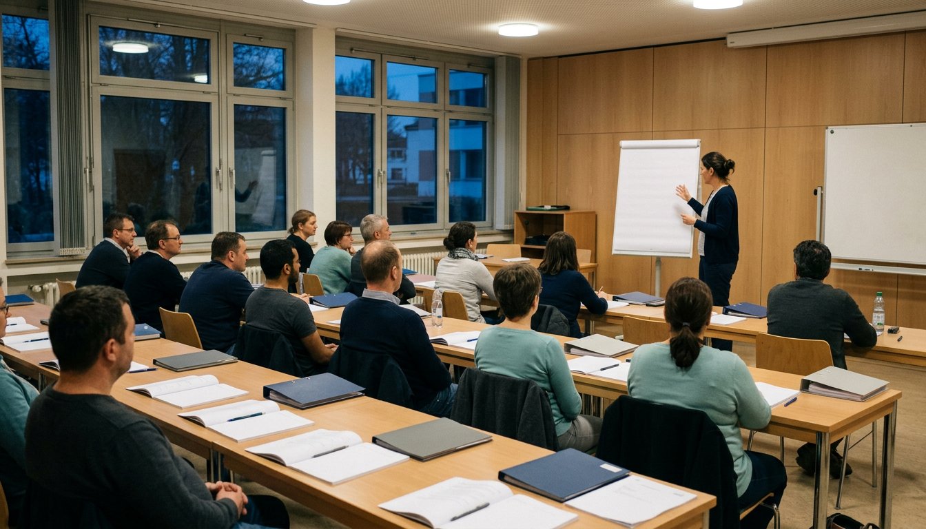 Teilnehmende eines berufsbegleitenden Lehrgangs im Schulungsraum, von hinten gesehen