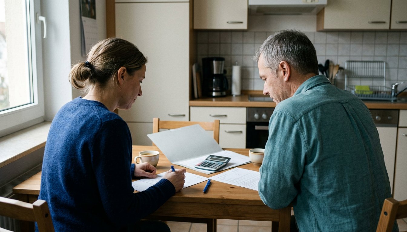 Zwei Personen prüfen am Küchentisch Unterlagen für einen Förderantrag