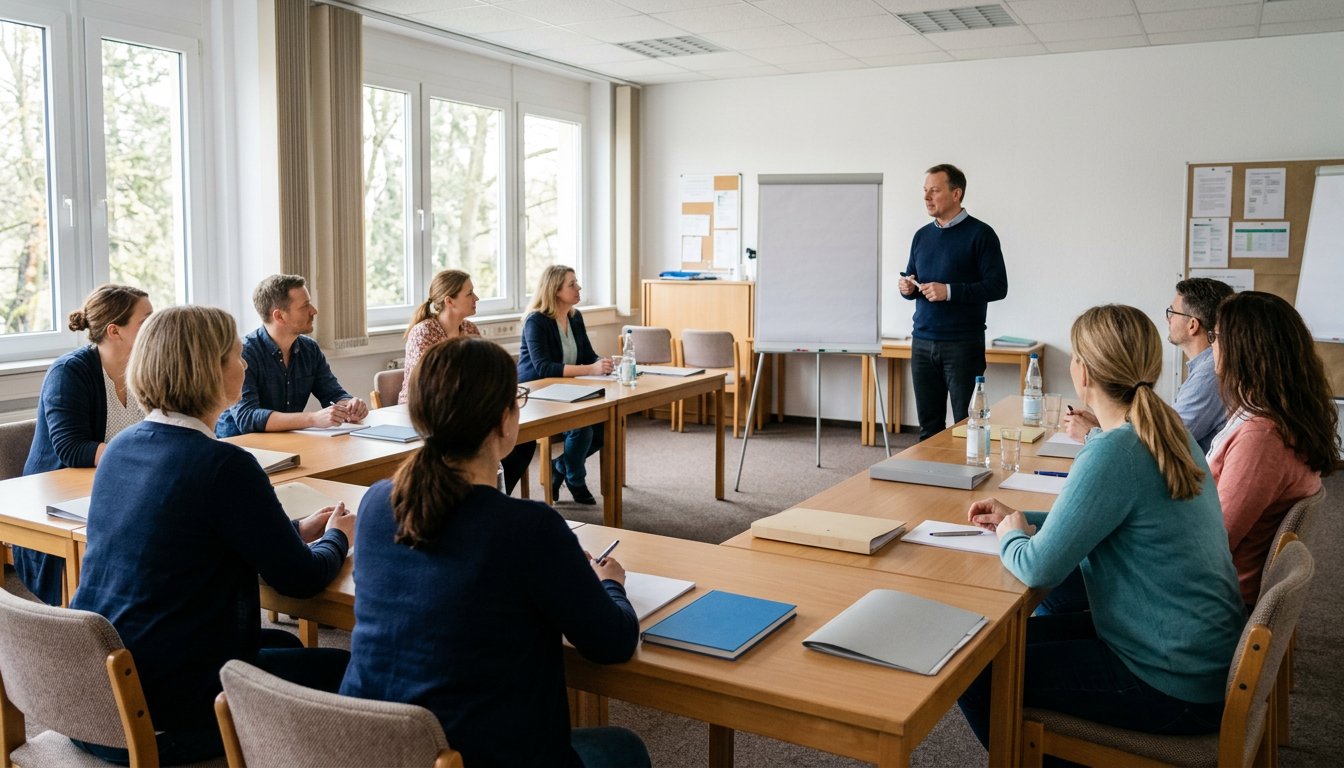 Teilnehmende einer Weiterbildung sitzen in einem Schulungsraum und hören einer Dozentin am leeren Flipchart zu