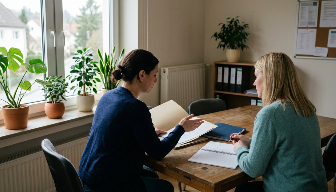 Zwei Pflegeberaterinnen besprechen an einem Besprechungstisch einen Beratungsfall