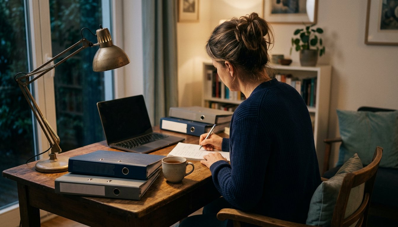 Eine Frau lernt abends am Schreibtisch mit Ordnern und Notizblock für einen Fernlehrgang