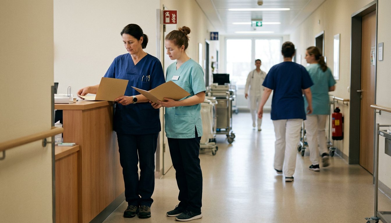 Praxisanleiterin und Auszubildende besprechen bei der Dienstübergabe eine Ausbildungsmappe