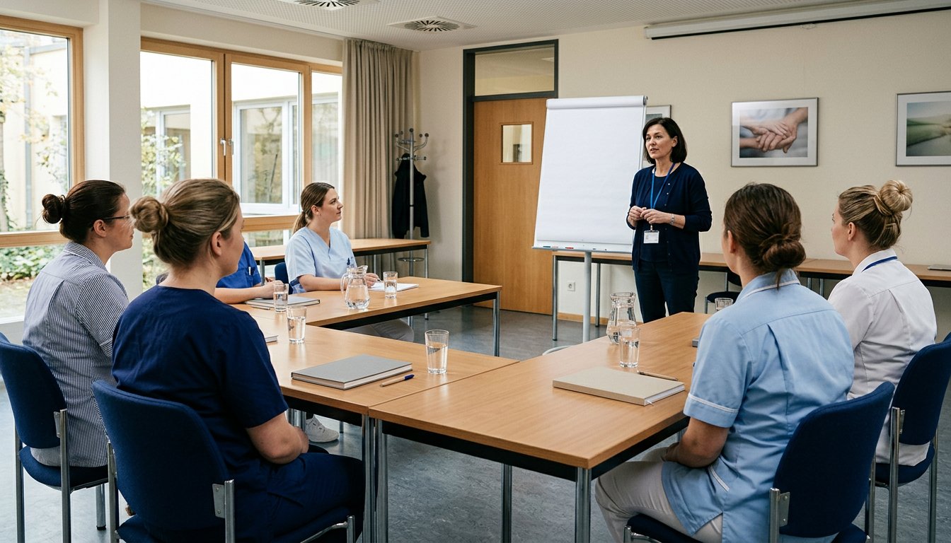 Pflegefachkräfte in einem Seminarraum bei einer berufspädagogischen Fortbildung