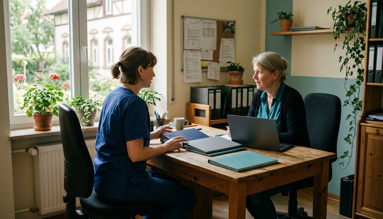 Pflegefachkraft und Pflegedienstleitung besprechen am Schreibtisch eine geplante Weiterbildung