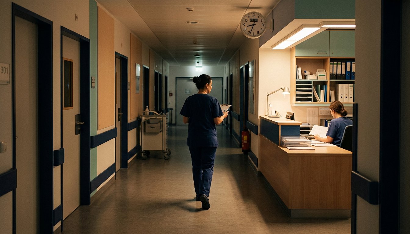 Nachtdienst auf einer Krankenhausstation: Pflegekraft geht über den nur schwach beleuchteten Flur.