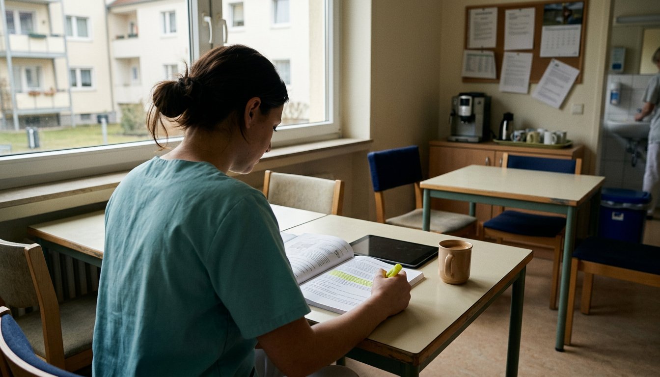 Pflegekraft liest im Pausenraum einer Pflegeeinrichtung in einem Studienskript und markiert Textstellen.