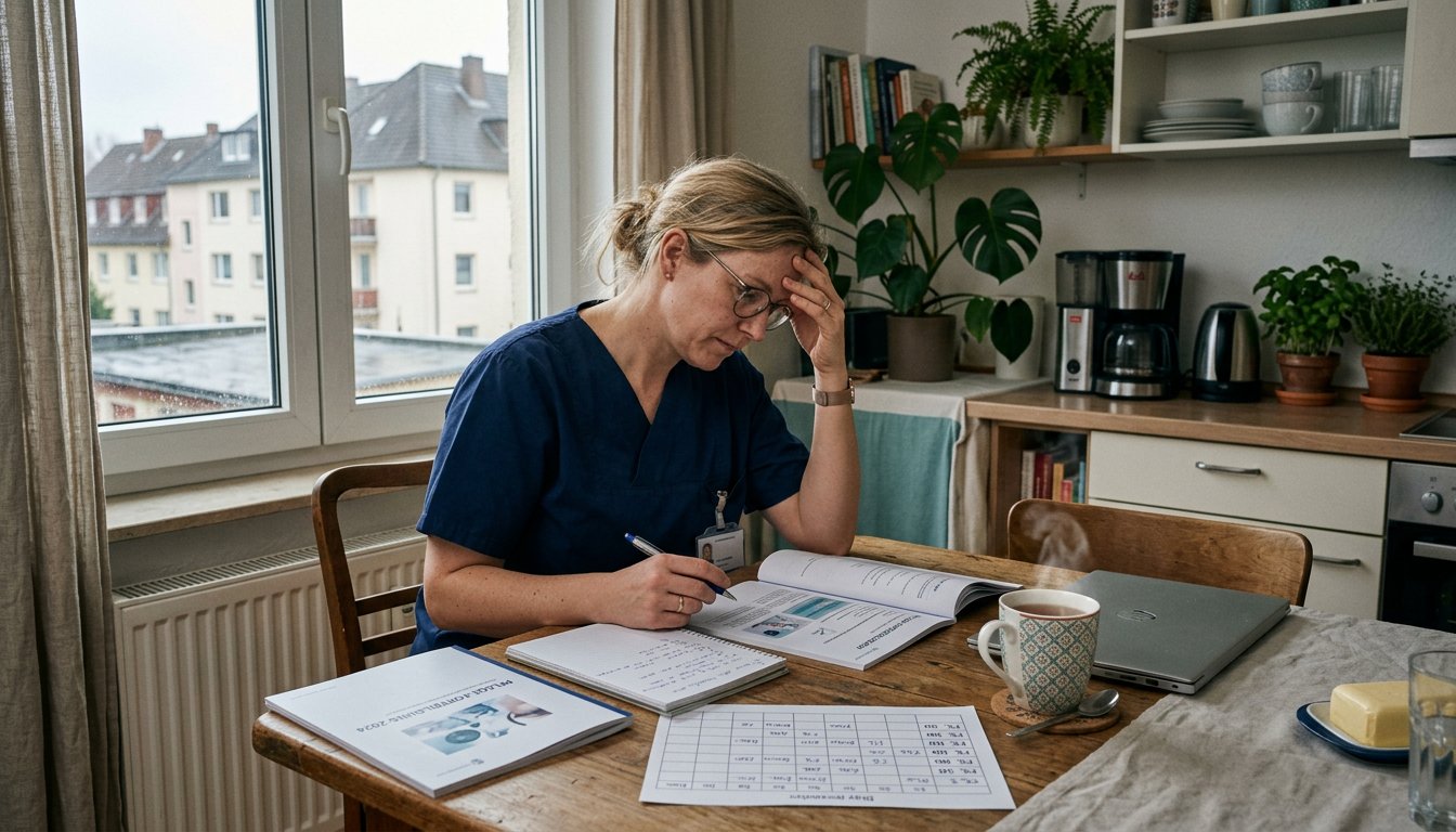 Pflegekraft in dunkelblauer Dienstkleidung sitzt am Küchentisch mit Studienunterlagen und einem ausgedruckten Dienstplan.